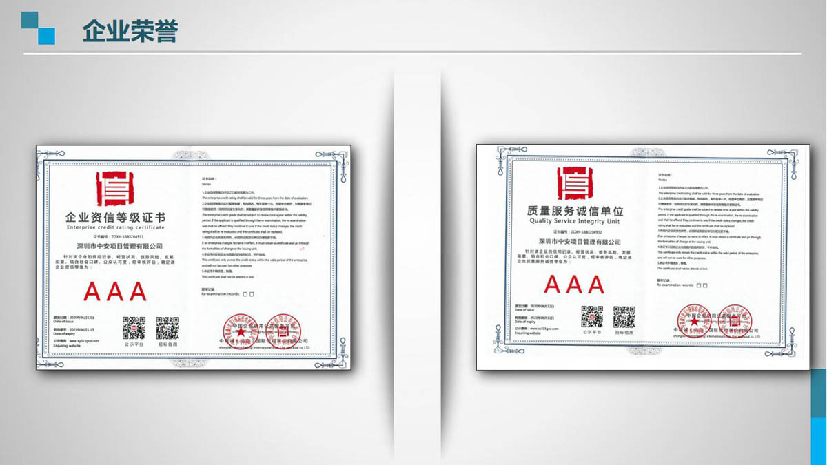 深圳市中安项目管理有限公司公司荣誉证书图片