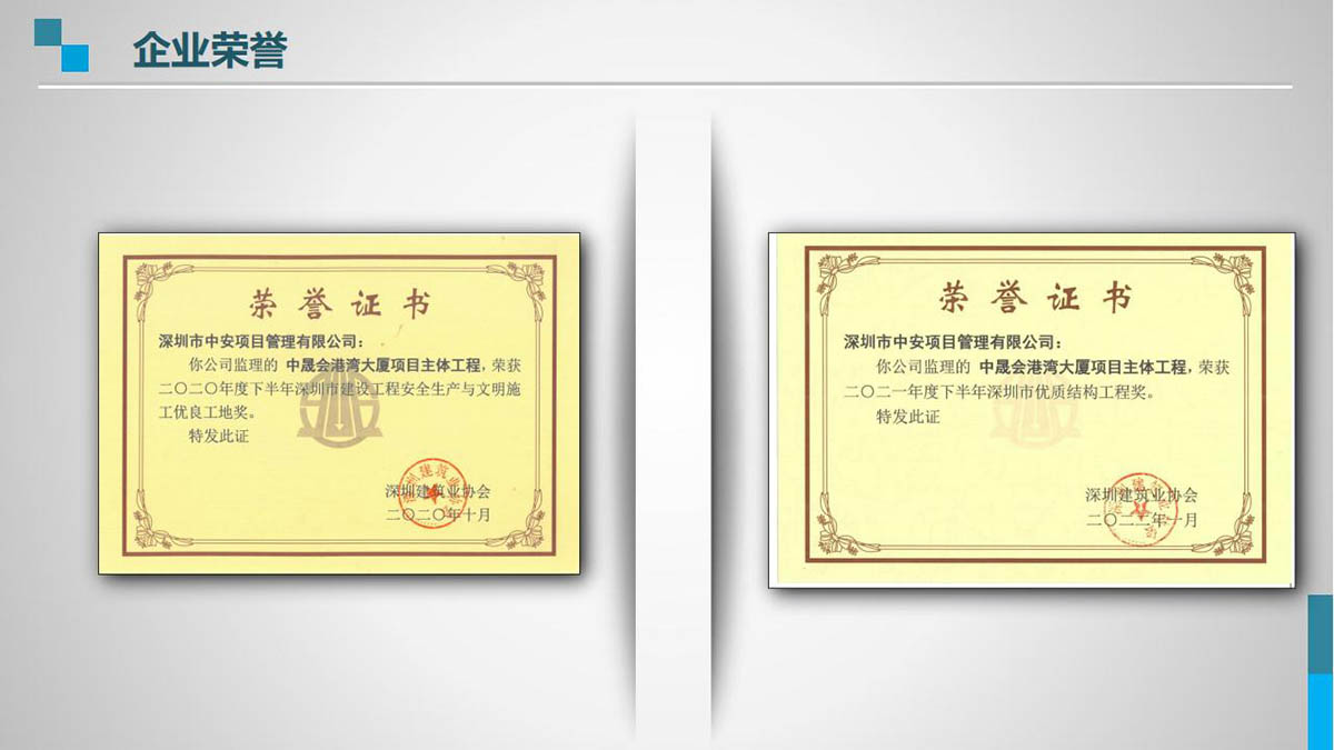 深圳市中安项目管理有限公司公司荣誉证书图片