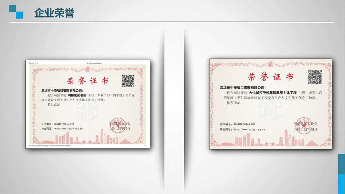 深圳市中安项目管理有限公司公司荣誉证书图片
